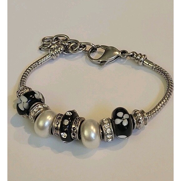 Bella Perlina Style Silvertone Bracelet Black Glass Rhinestone Pearlized Beads - Picture 5 of 5